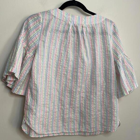 A New Day White and Colorful Striped Semi Sheer Blouse Bell Sleeve - Picture 6 of 8